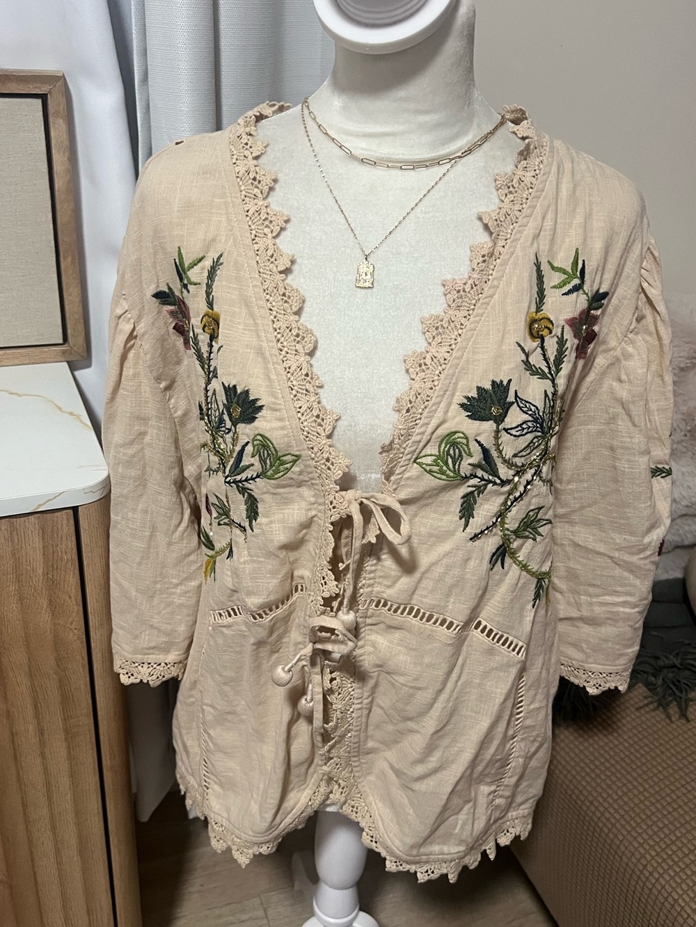 Embroidered Cream Boho Kimono Jacket
